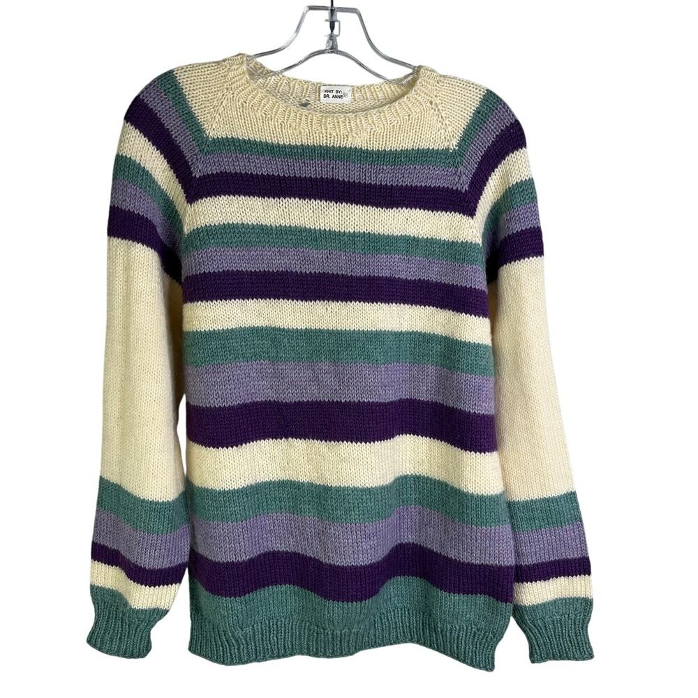 Vintage Hand Knit Wool Sweater Womens 38 Grandpa Stripe Crew Neck Pullover Retro